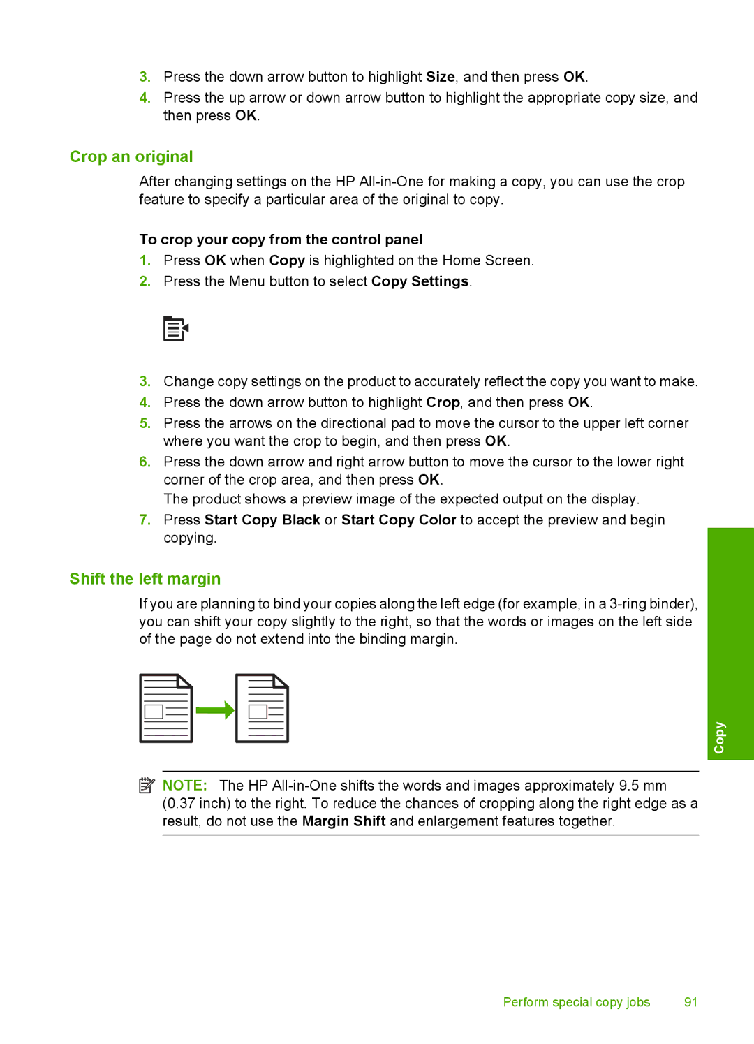 HP C5500 manual Crop an original, Shift the left margin, To crop your copy from the control panel 