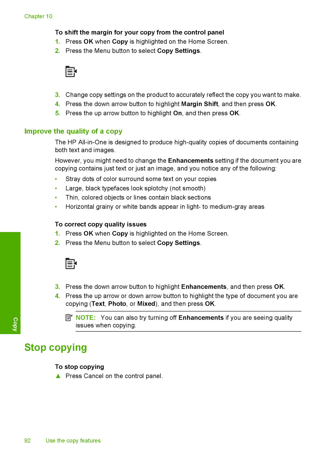 HP C5500 manual Stop copying, Improve the quality of a copy, To shift the margin for your copy from the control panel 