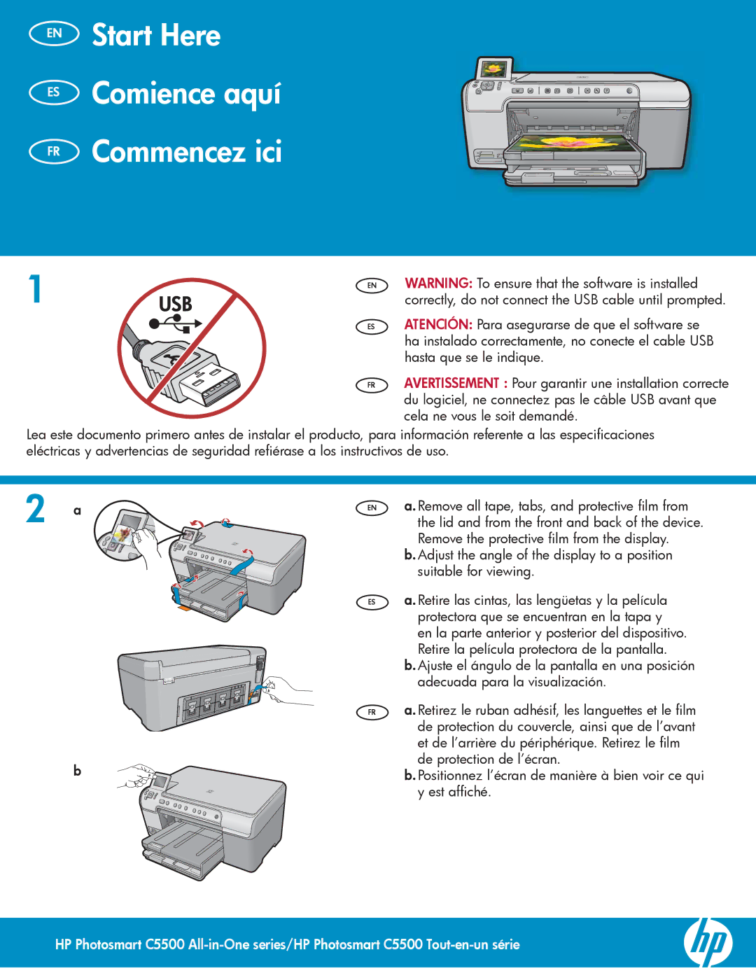 HP C5550, C5540, C5580 manual EN Start Here ES Comience aquí FR Commencez ici 