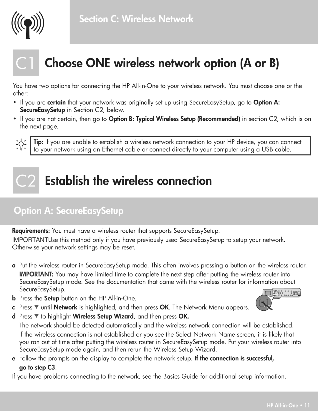 HP C6150 C1 Choose ONE wireless network option a or B, C2 Establish the wireless connection, Section C Wireless Network 