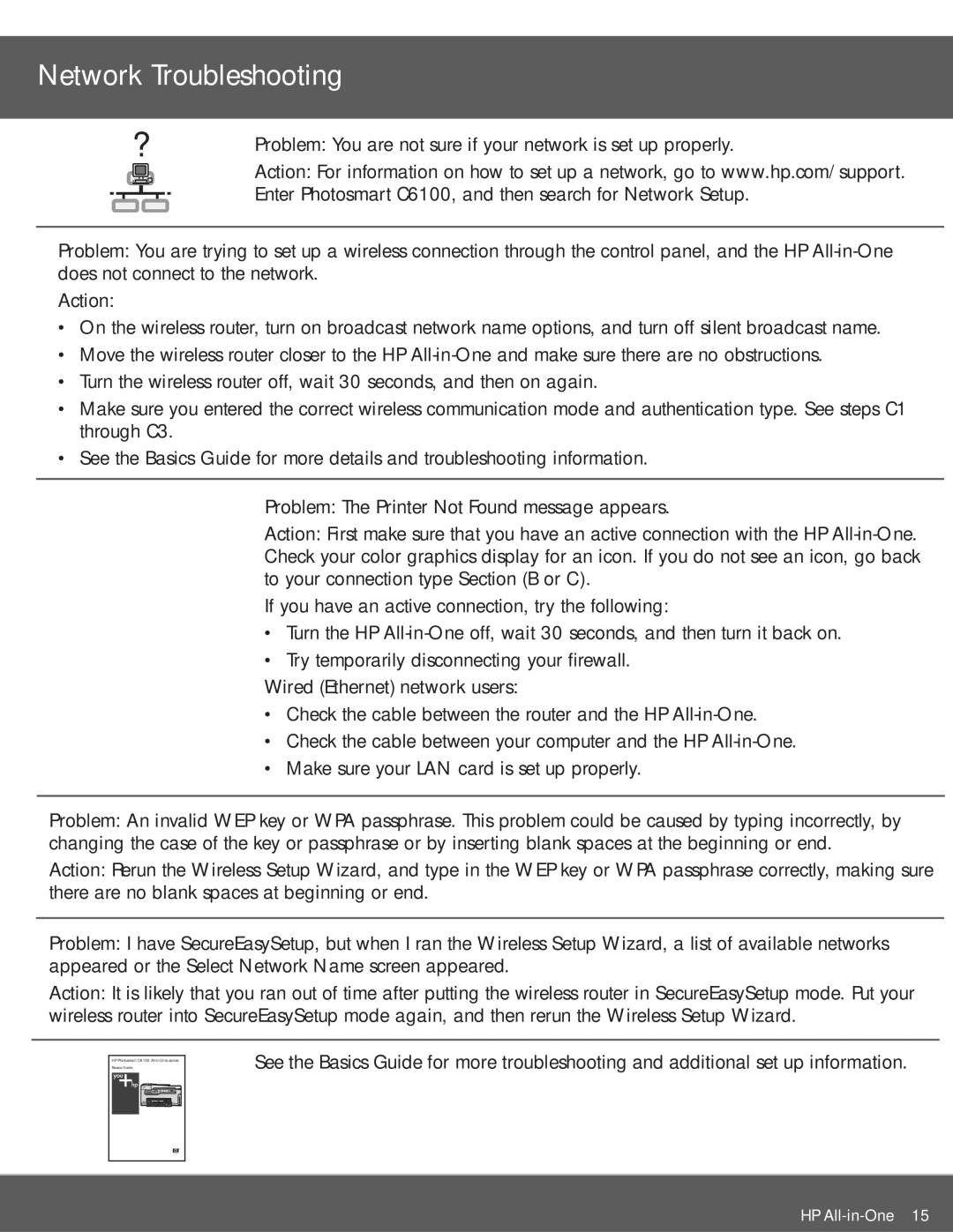 HP C6150, C6180 manual Network Troubleshooting 