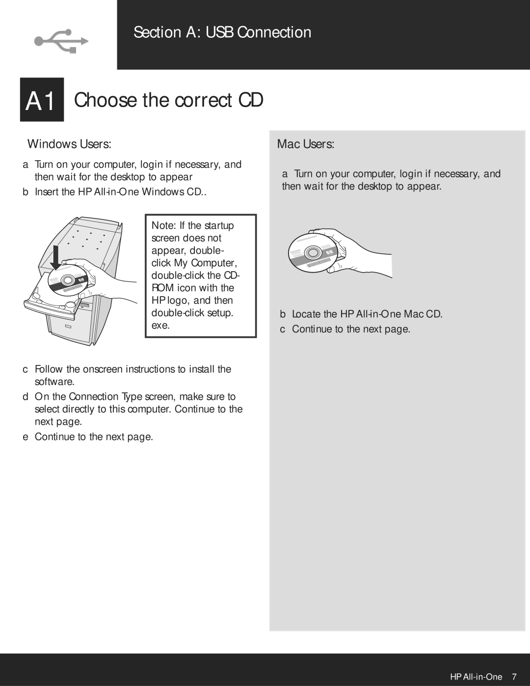 HP C6150, C6180 manual A1 Choose the correct CD, Section a USB Connection 