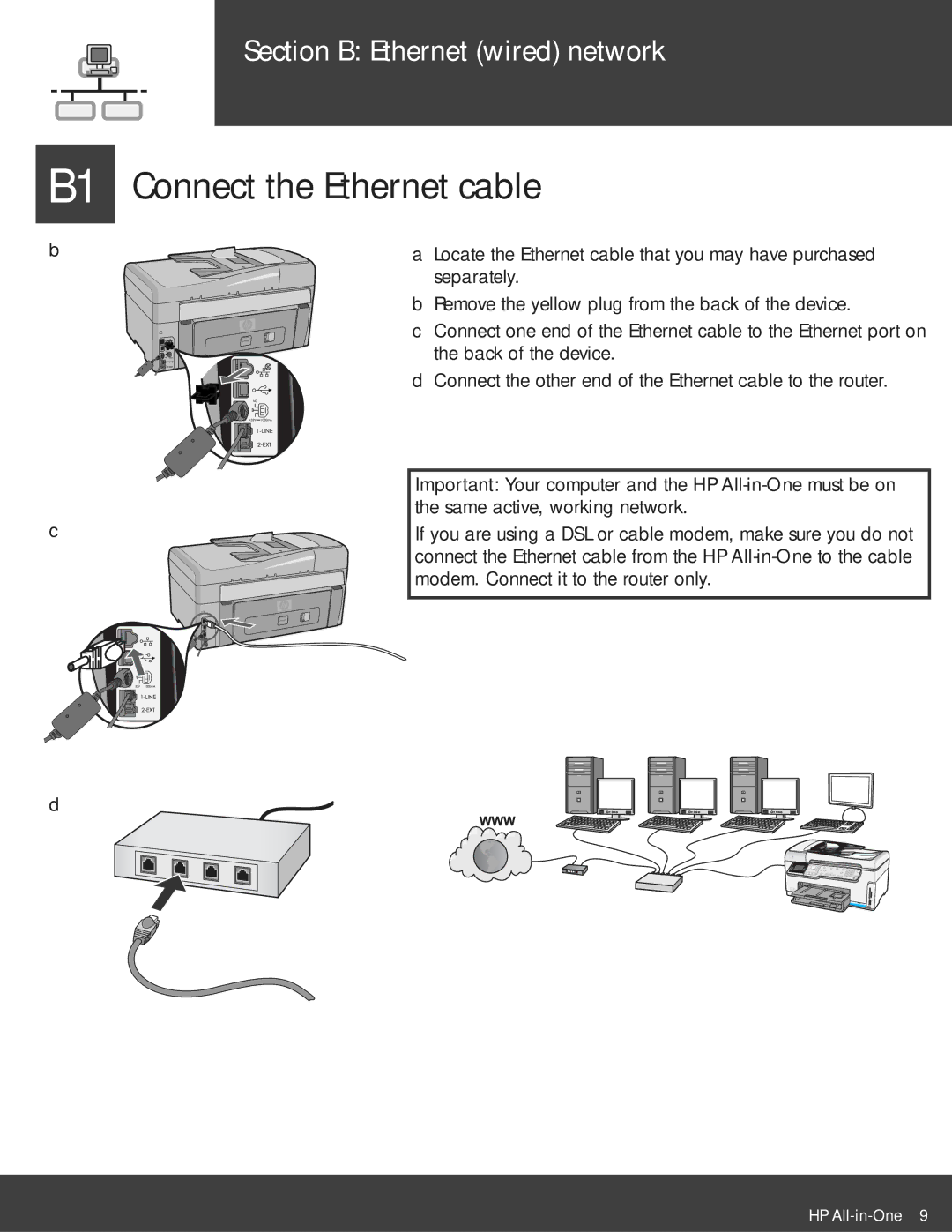 HP C6150, C6180 manual Connect the Ethernet cable, Section B Ethernet wired network 