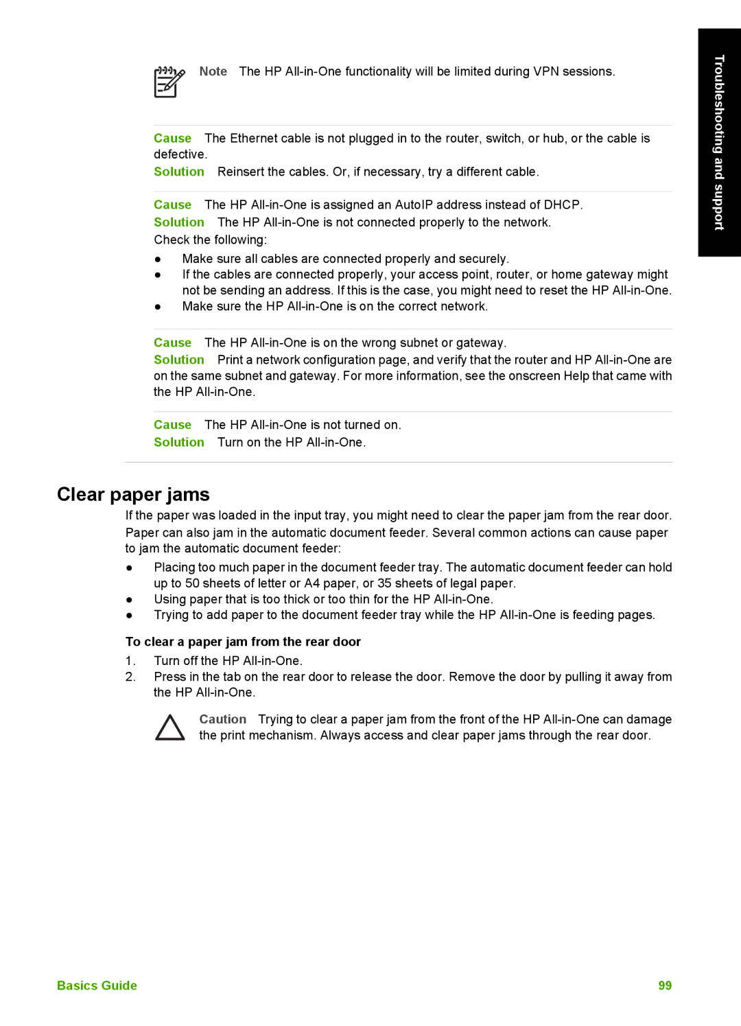 HP C6180, C6150 manual Clear paper jams, To clear a paper jam from the rear door 