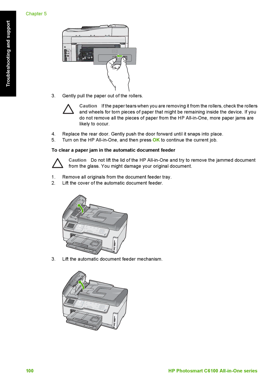 HP C6150, C6180 manual To clear a paper jam in the automatic document feeder 