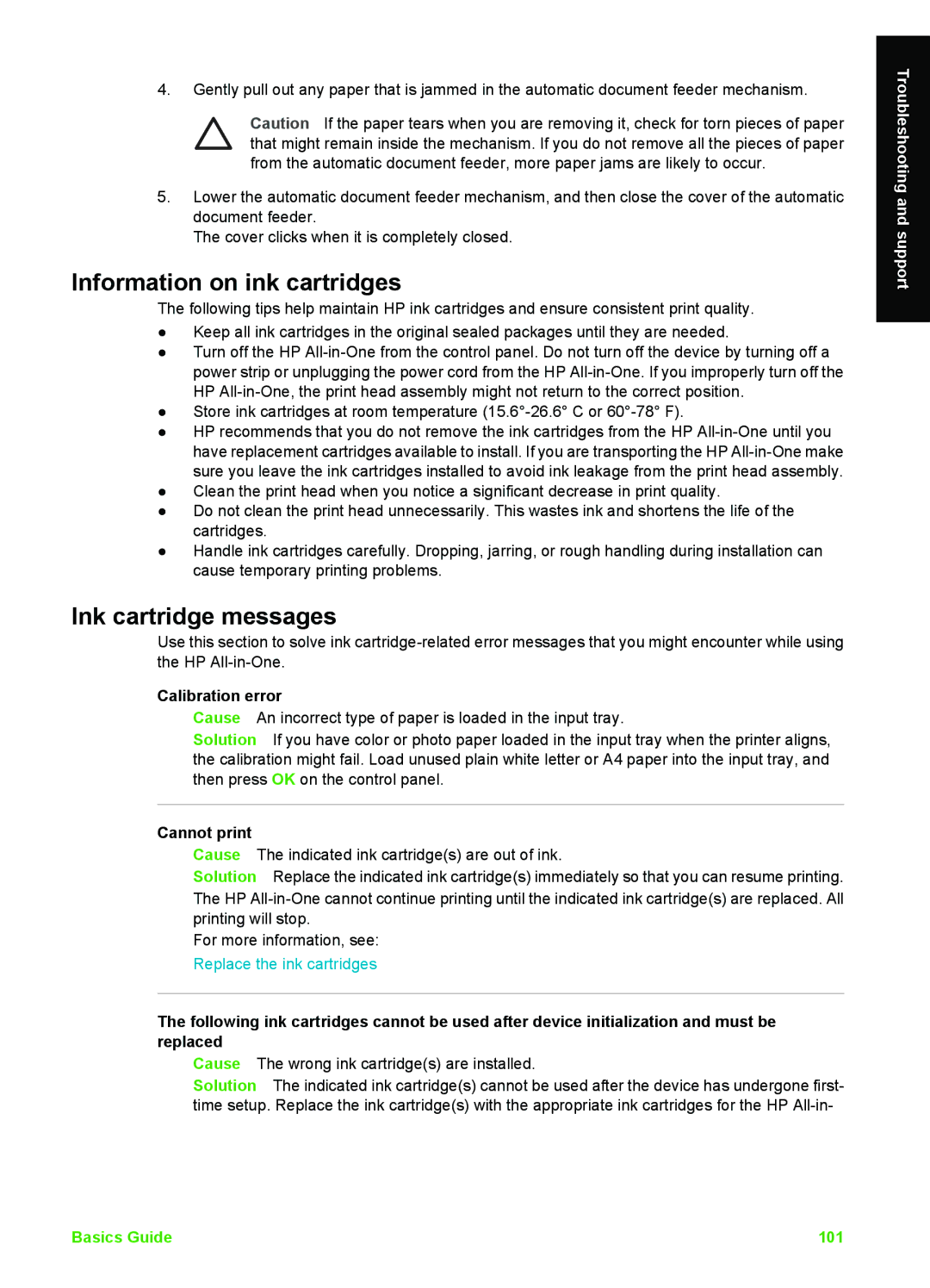 HP C6180, C6150 manual Information on ink cartridges, Ink cartridge messages, Calibration error, Cannot print 