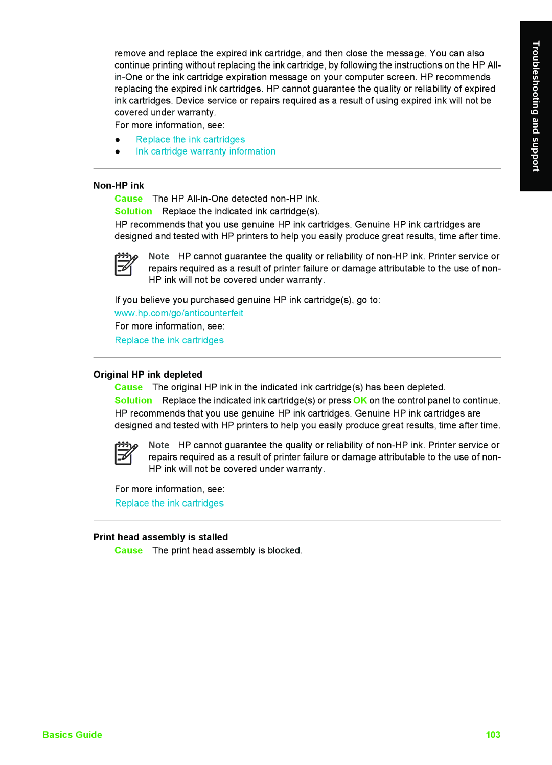 HP C6180, C6150 manual Non-HP ink, Original HP ink depleted, Print head assembly is stalled 