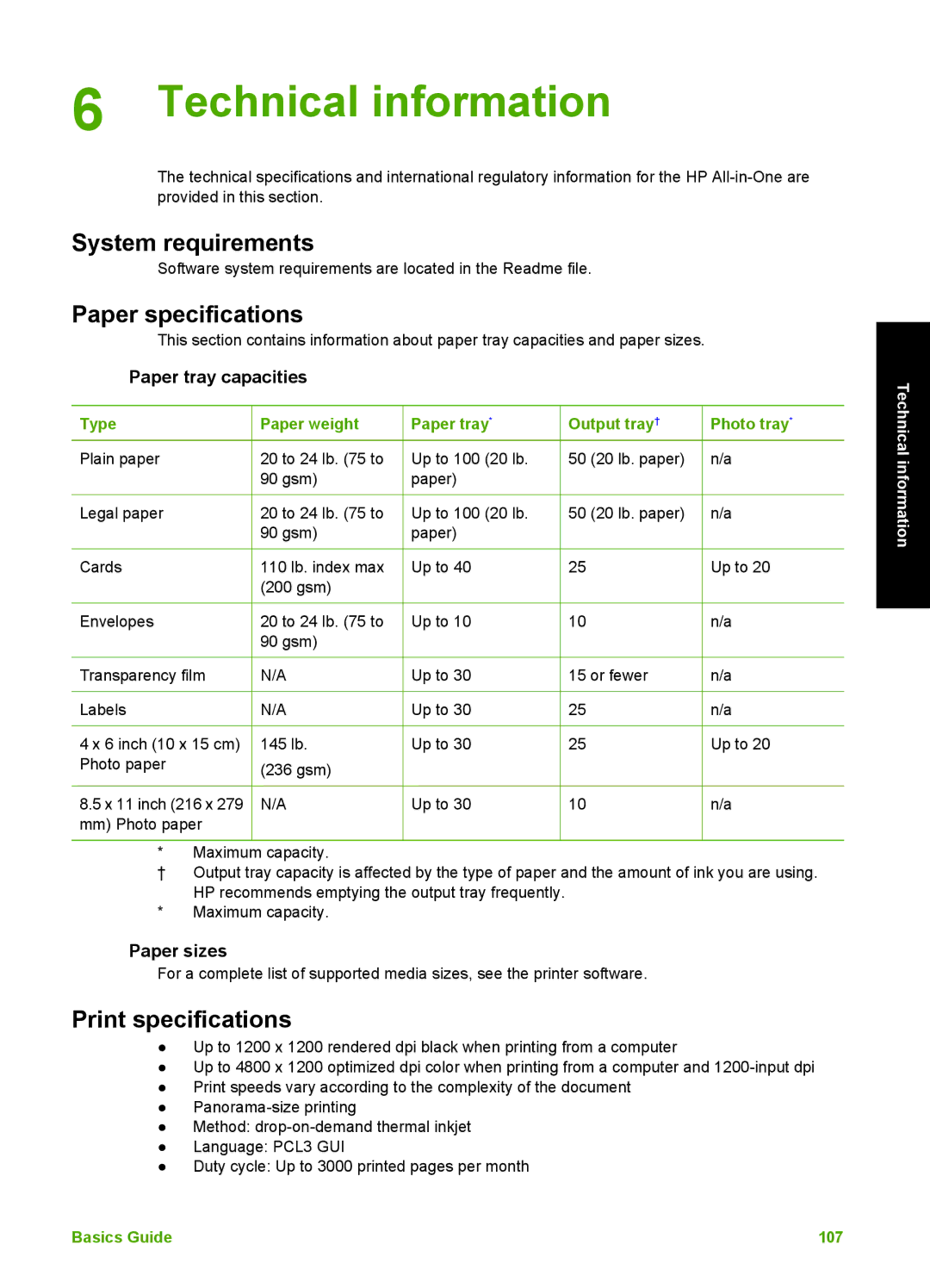 HP C6180, C6150 manual System requirements, Paper specifications, Print specifications, Paper tray capacities, Paper sizes 