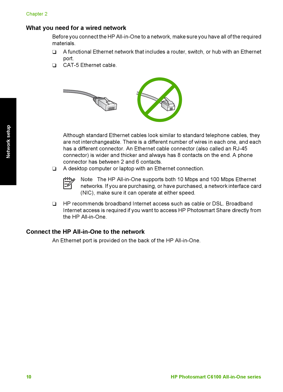 HP C6150, C6180 manual What you need for a wired network, Connect the HP All-in-One to the network 