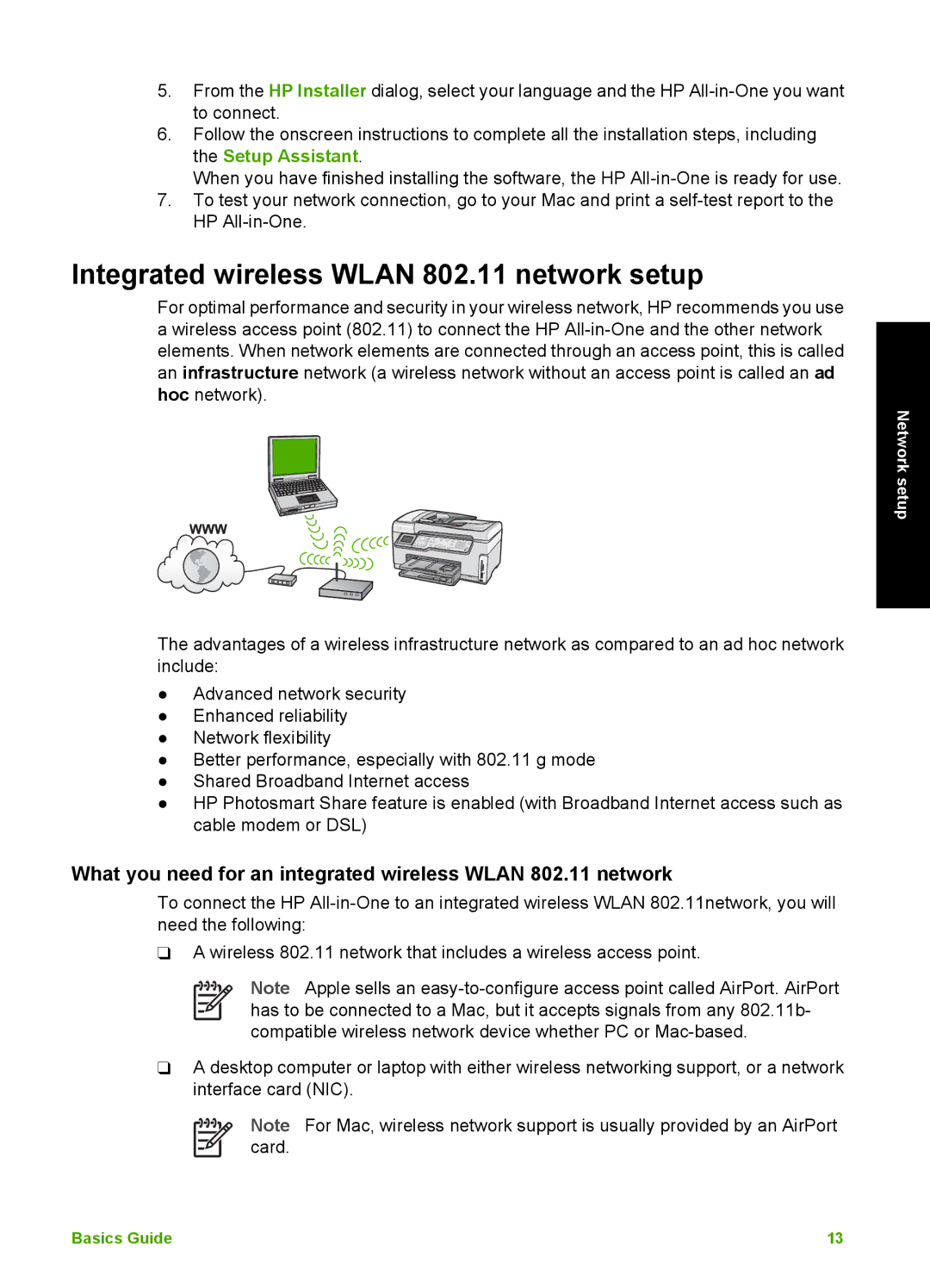 HP C6180 manual Integrated wireless Wlan 802.11 network setup, What you need for an integrated wireless Wlan 802.11 network 