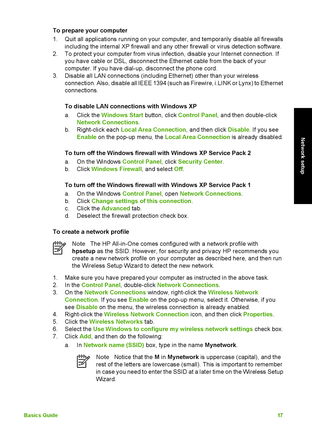 HP C6180, C6150 manual To prepare your computer, To disable LAN connections with Windows XP, To create a network profile 