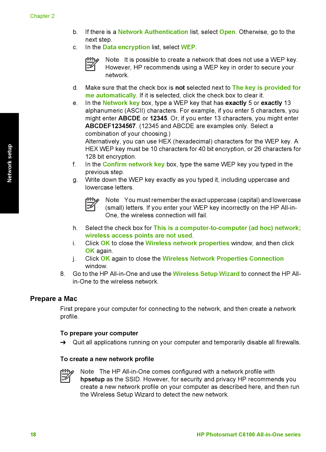 HP C6150, C6180 manual Prepare a Mac, To create a new network profile 