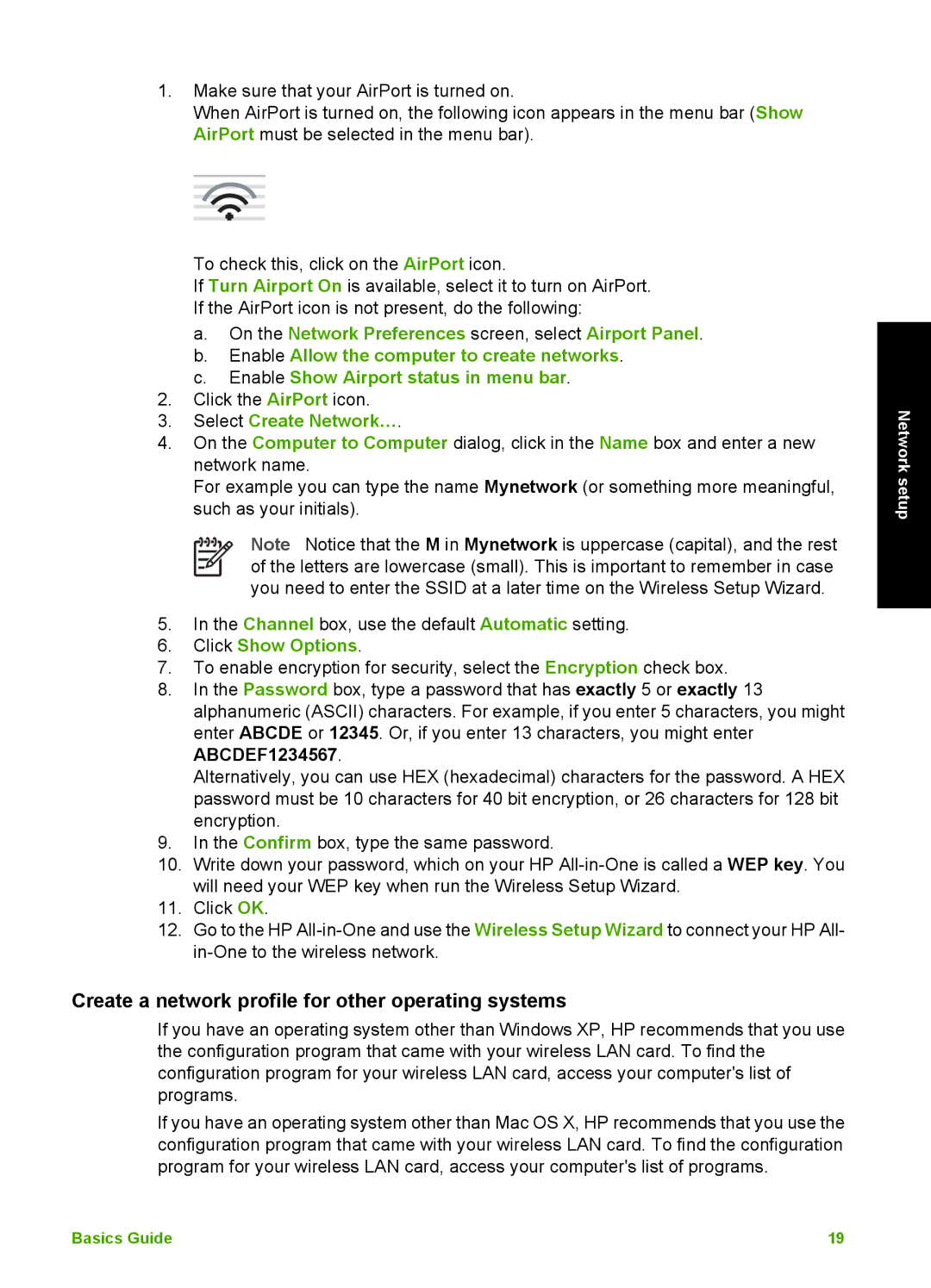 HP C6180, C6150 manual Create a network profile for other operating systems, Select Create Network…, Click Show Options 