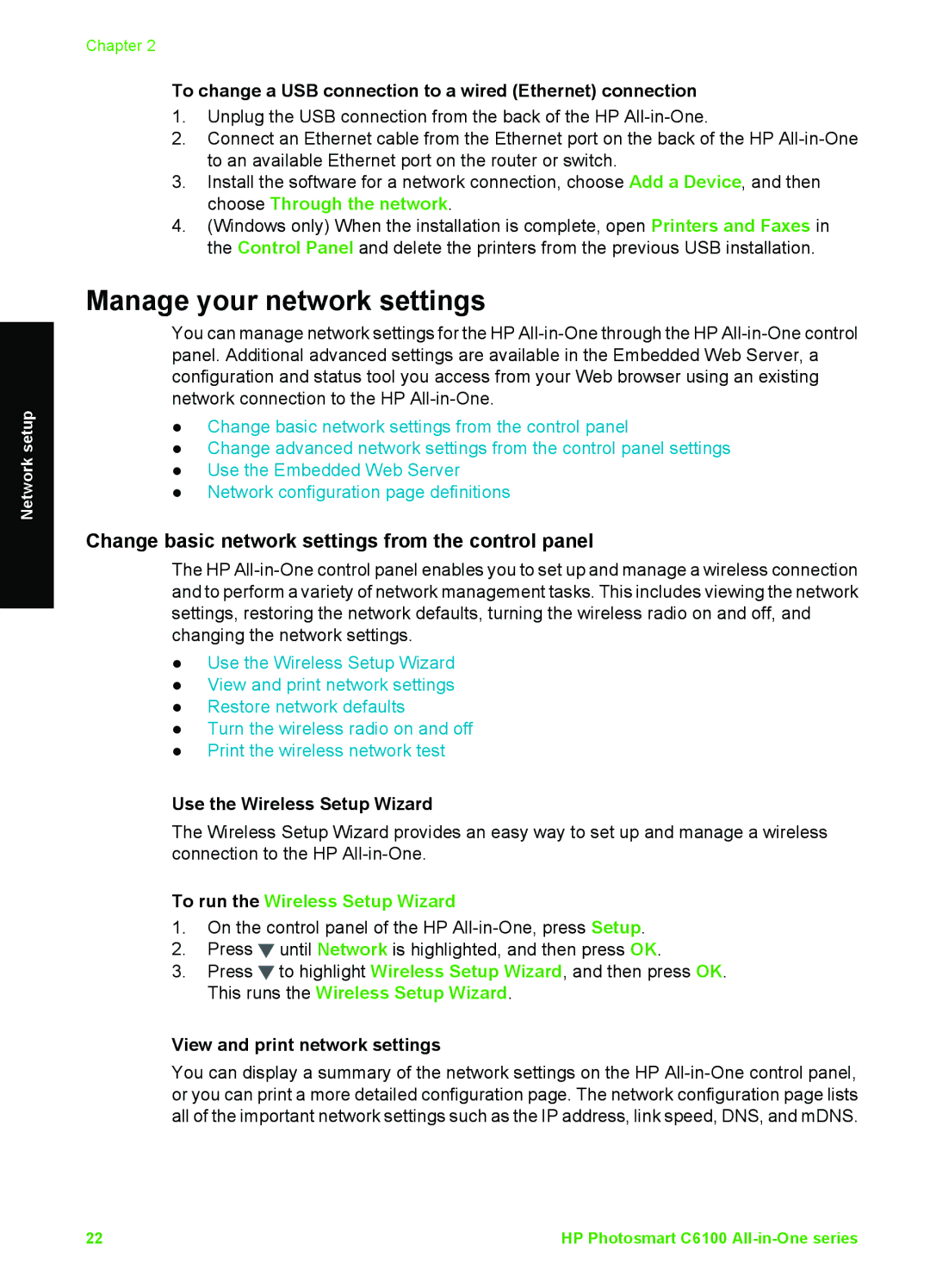 HP C6150, C6180 manual Manage your network settings, Change basic network settings from the control panel 