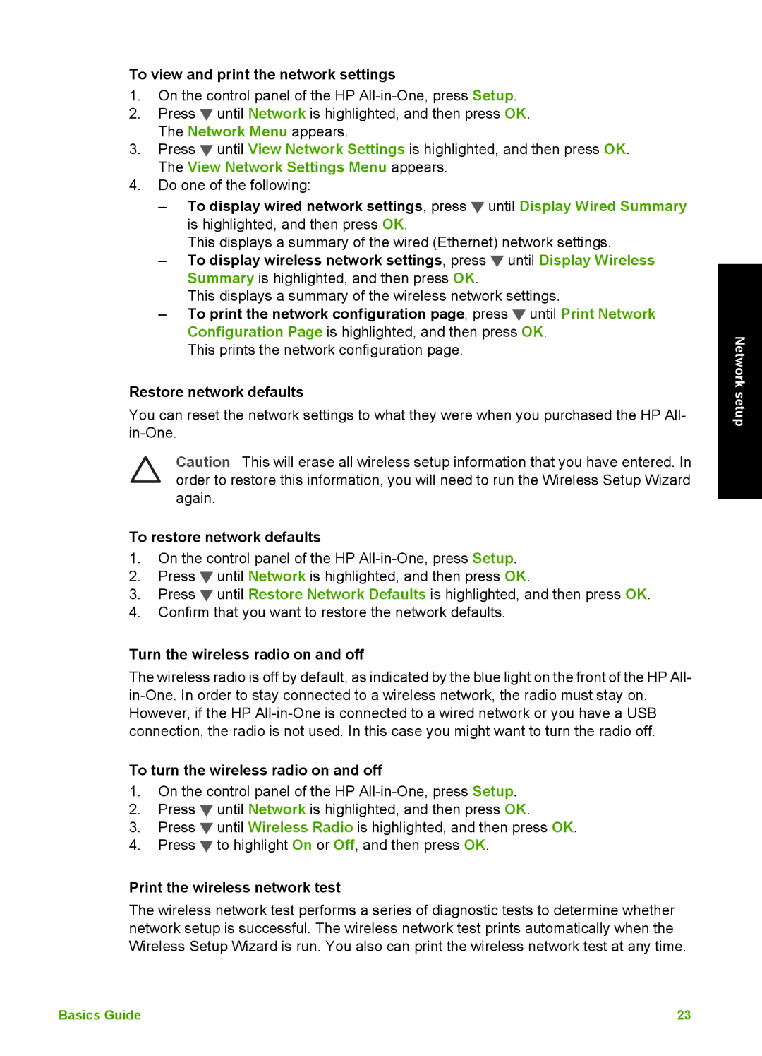 HP C6180, C6150 manual To view and print the network settings, Restore network defaults, To restore network defaults 