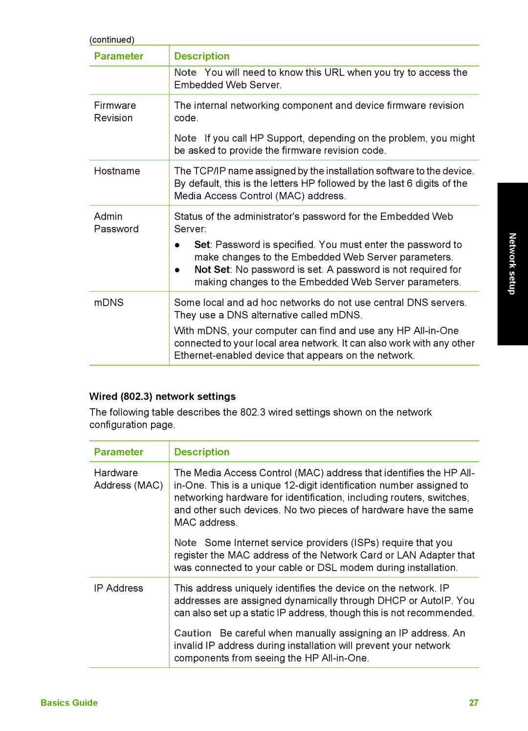 HP C6180, C6150 manual Wired 802.3 network settings, Parameter 