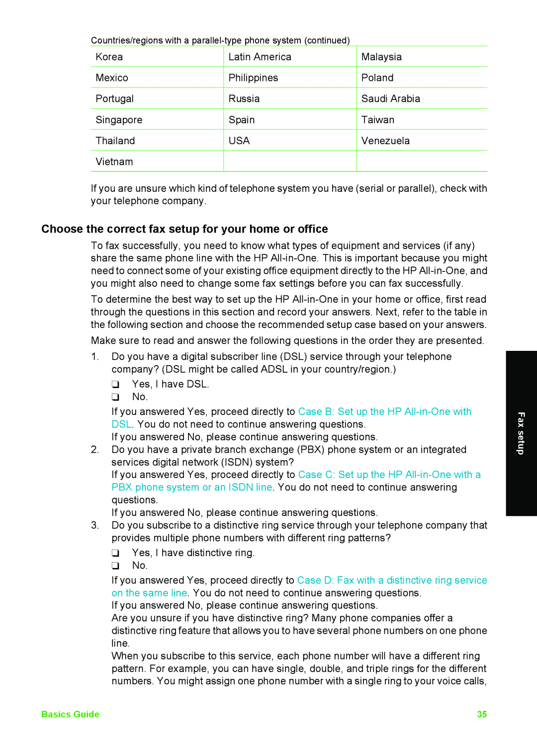 HP C6180, C6150 manual Choose the correct fax setup for your home or office, Usa 