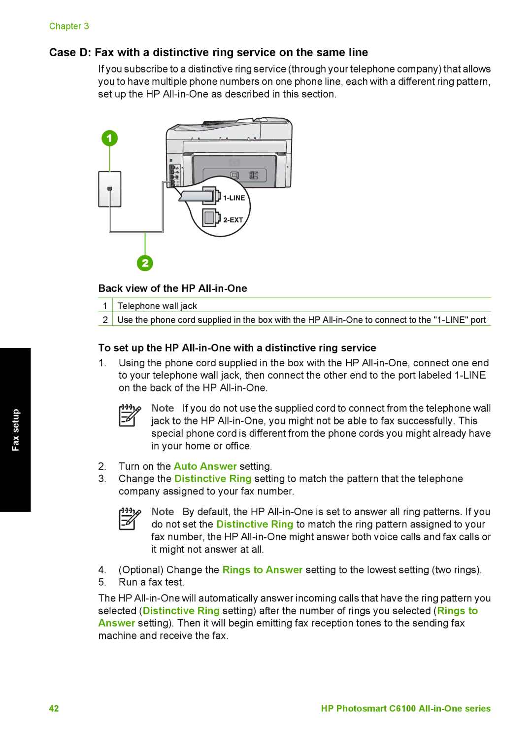 HP C6150, C6180 manual Case D Fax with a distinctive ring service on the same line 