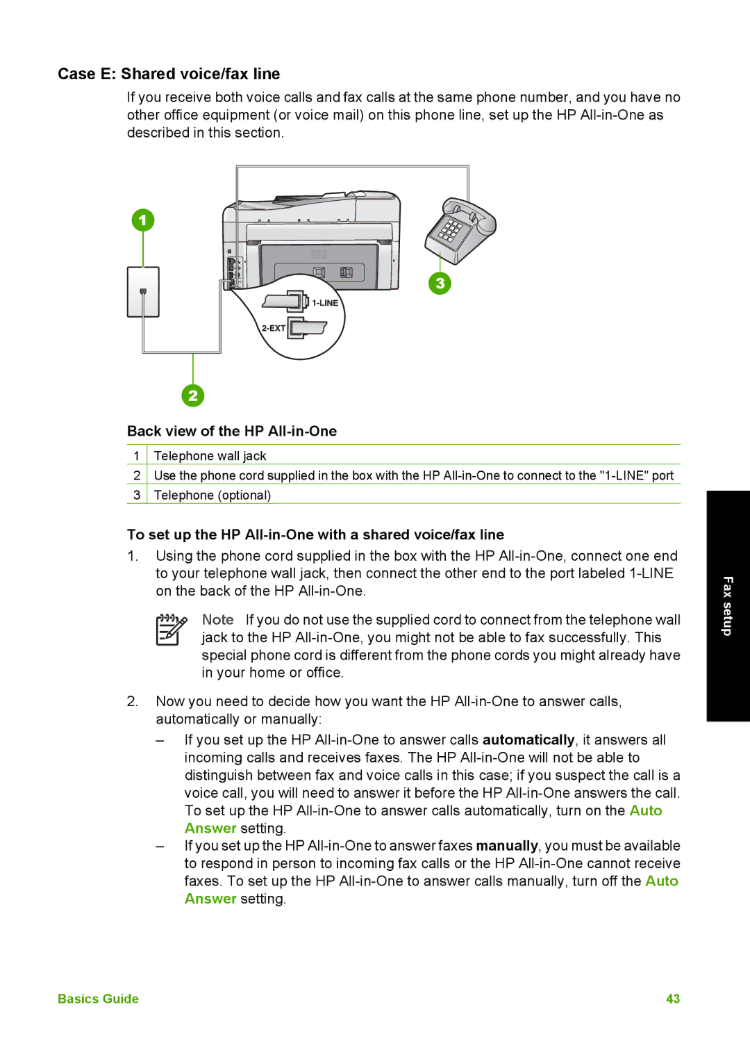 HP C6180, C6150 manual Case E Shared voice/fax line, To set up the HP All-in-One with a shared voice/fax line 