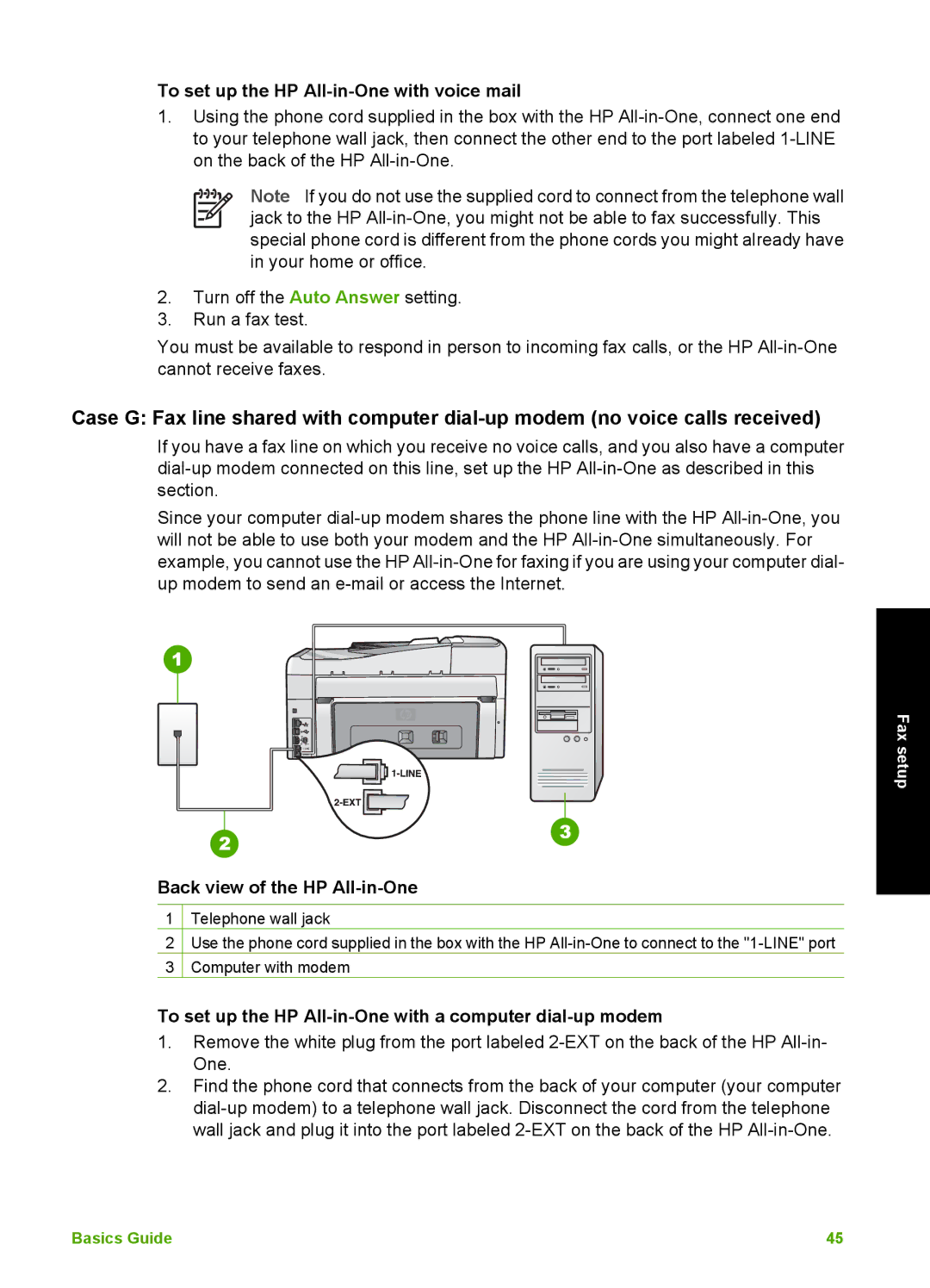 HP C6180, C6150 To set up the HP All-in-One with voice mail, To set up the HP All-in-One with a computer dial-up modem 