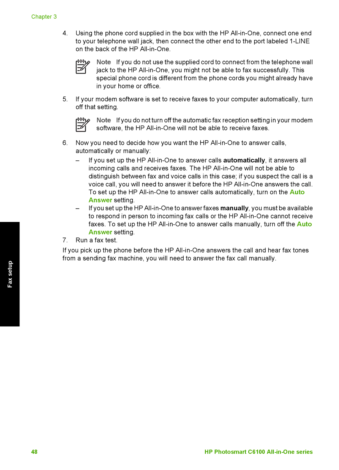 HP C6150, C6180 manual Fax setup 