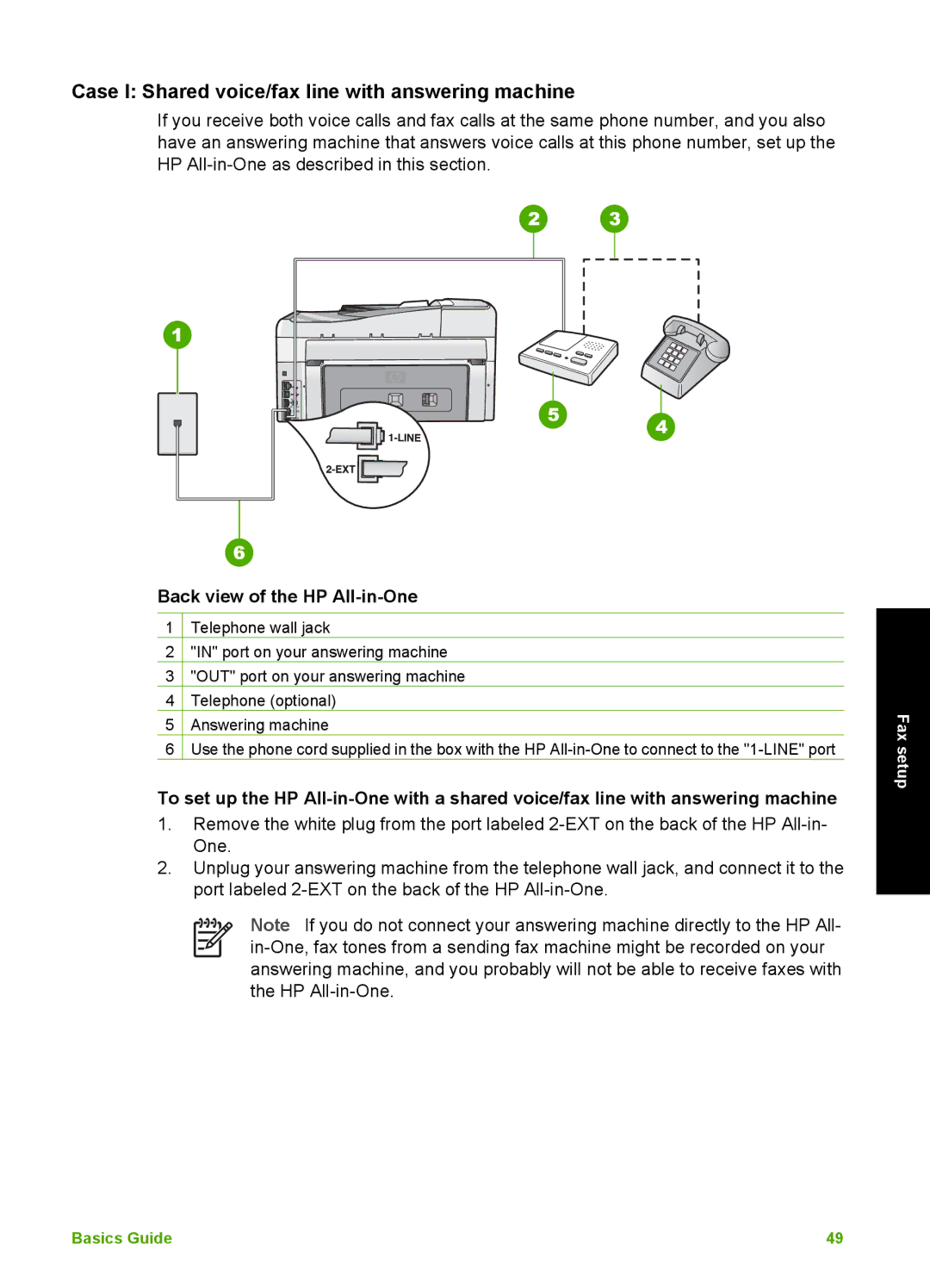 HP C6180, C6150 manual Case I Shared voice/fax line with answering machine, Answering machine 