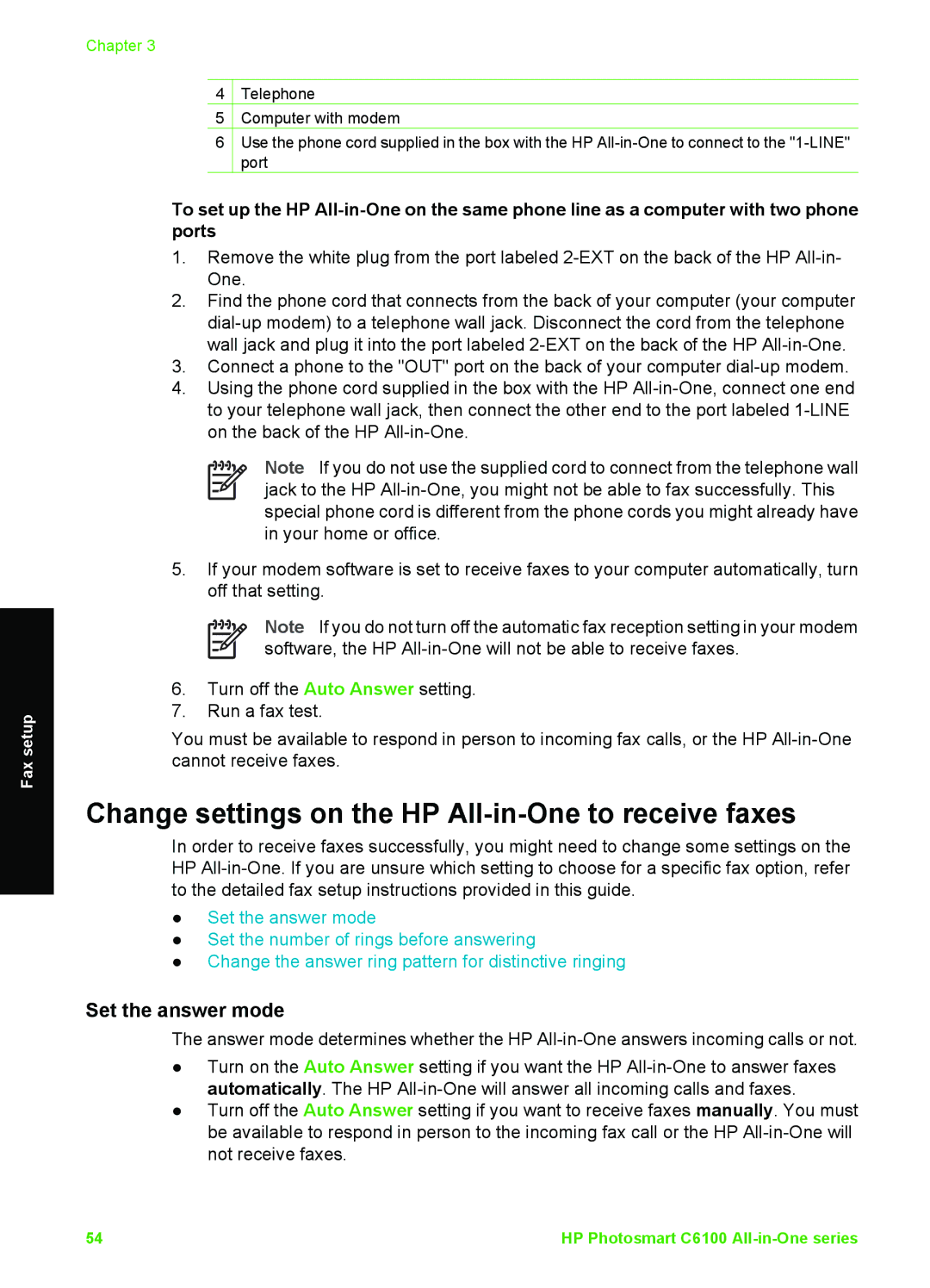 HP C6150, C6180 manual Change settings on the HP All-in-One to receive faxes, Set the answer mode 