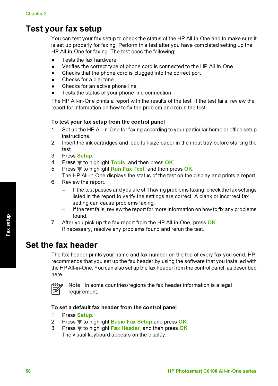 HP C6150, C6180 manual Test your fax setup, Set the fax header, To test your fax setup from the control panel 