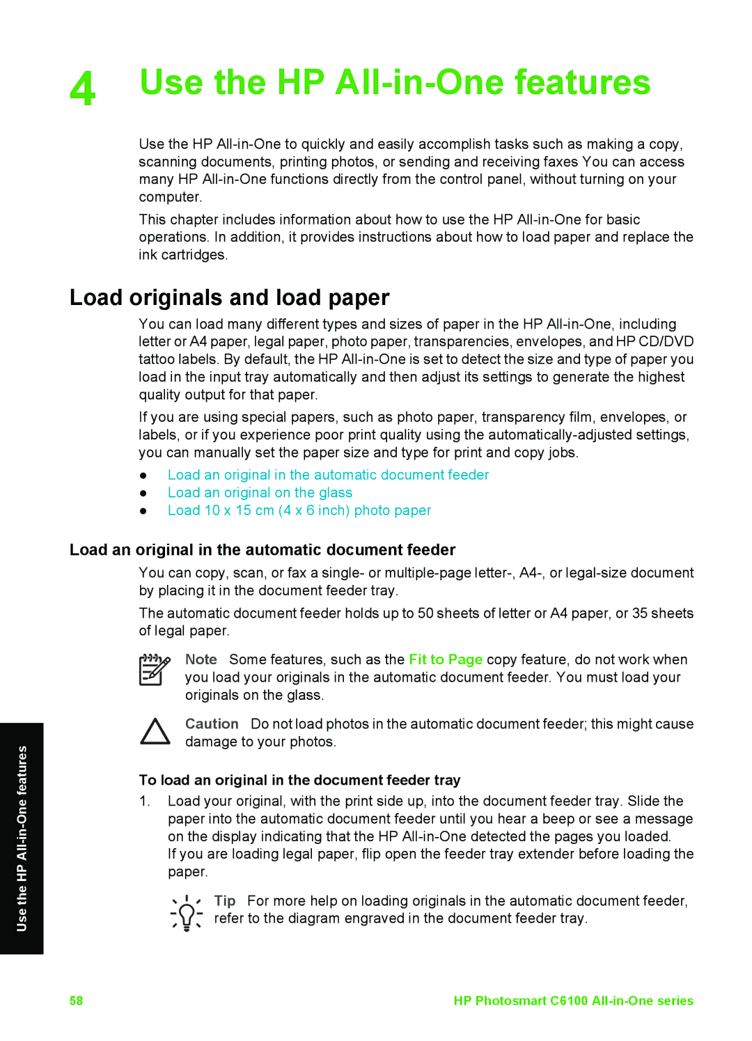 HP C6150, C6180 manual Load originals and load paper, Load an original in the automatic document feeder 