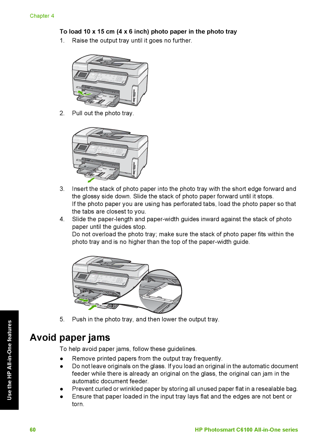 HP C6150, C6180 manual Avoid paper jams, To load 10 x 15 cm 4 x 6 inch photo paper in the photo tray 