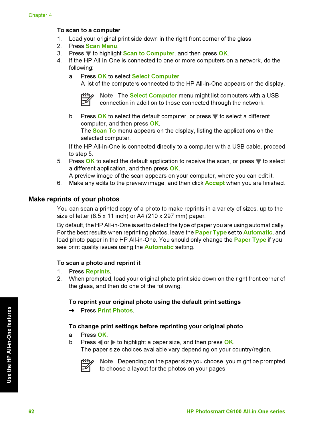HP C6150, C6180 manual Make reprints of your photos, Press Scan Menu, Press OK to select Select Computer, Press Reprints 