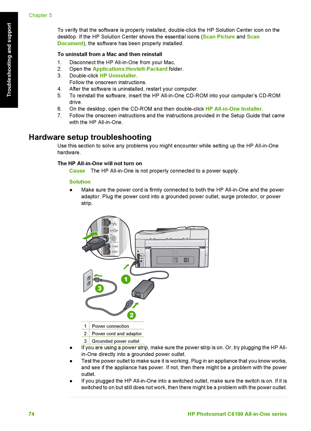 HP C6150, C6180 Hardware setup troubleshooting, To uninstall from a Mac and then reinstall, HP All-in-One will not turn on 