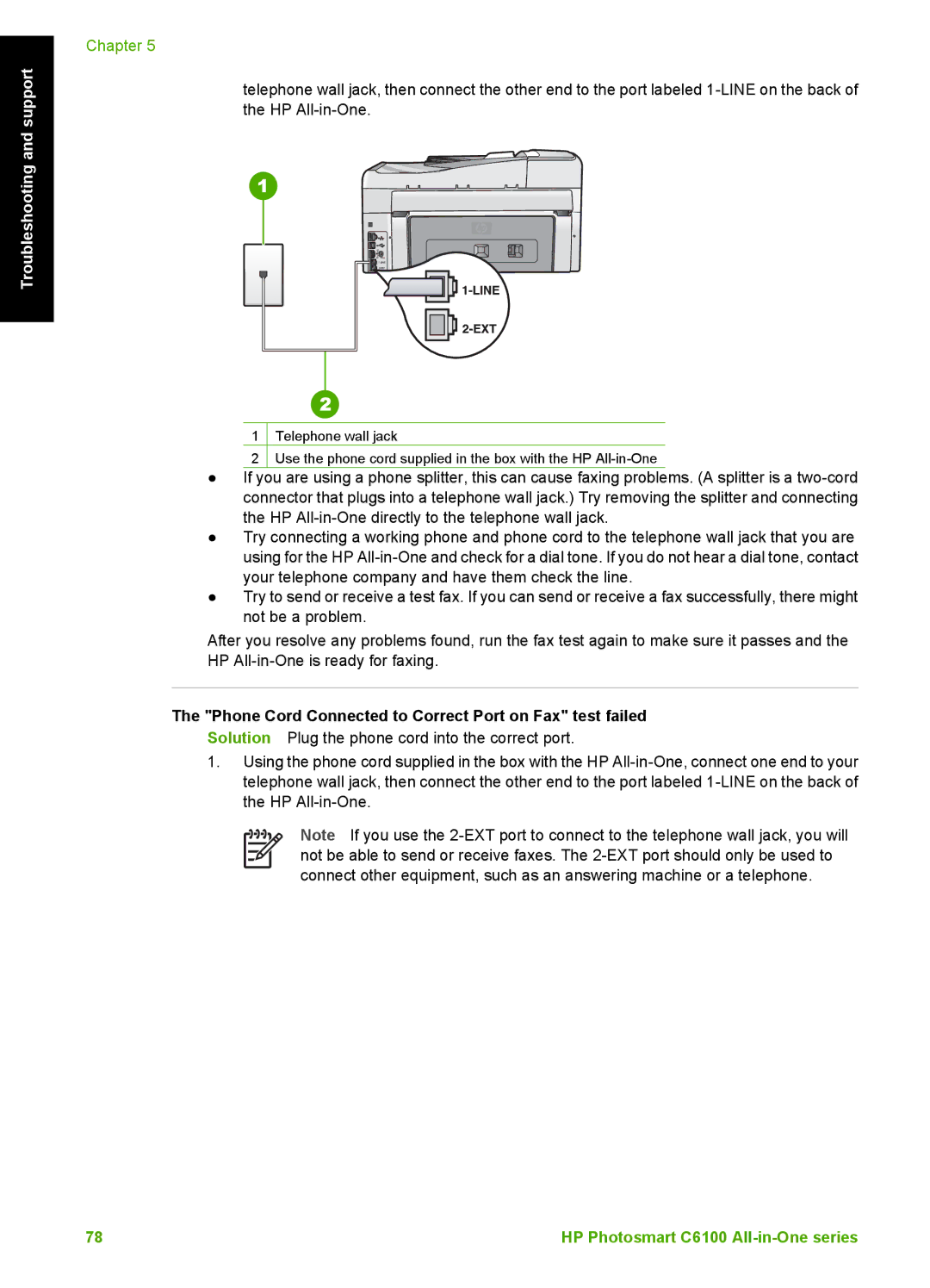 HP C6150, C6180 manual Phone Cord Connected to Correct Port on Fax test failed 