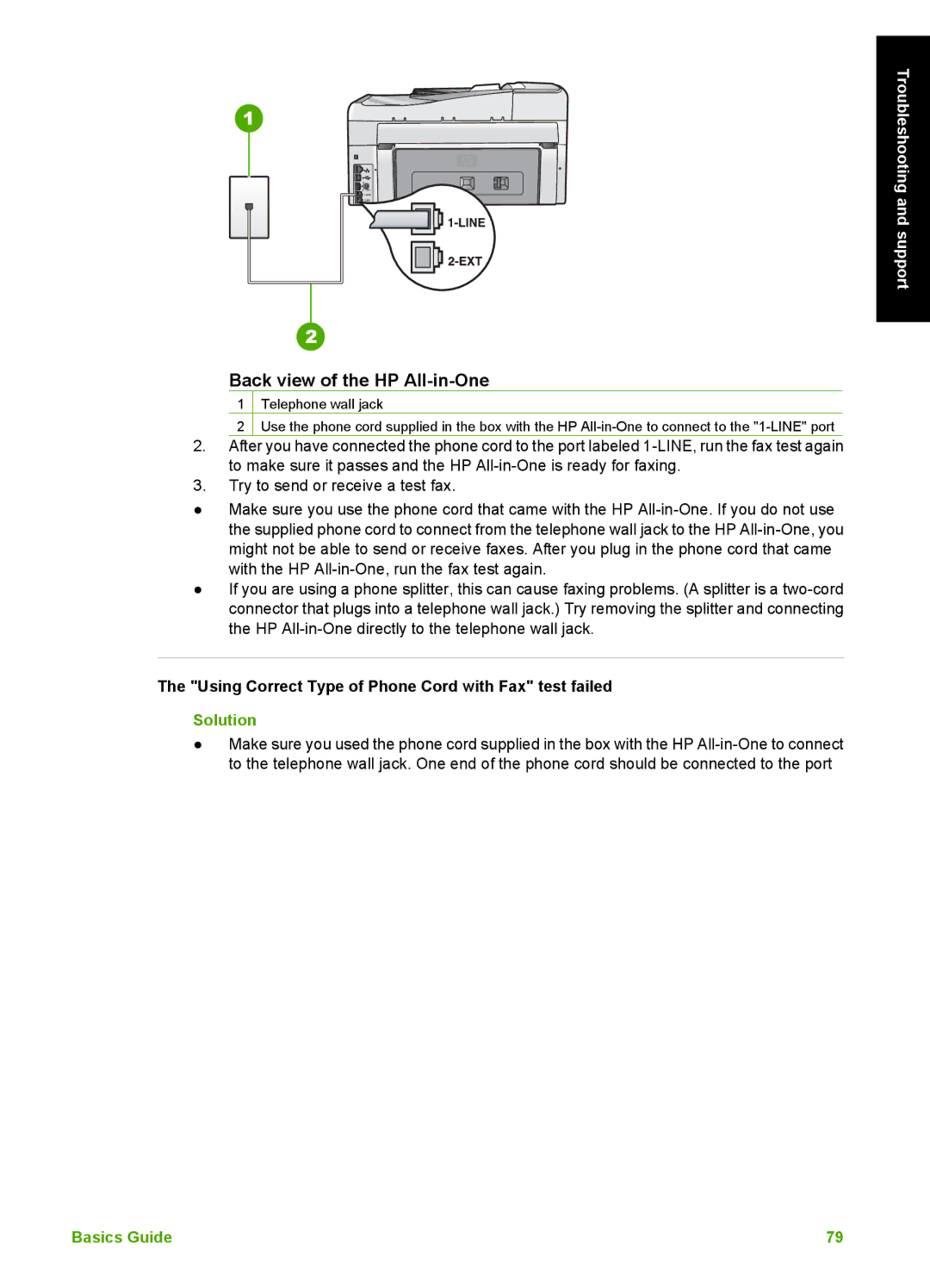 HP C6180, C6150 manual Back view of the HP All-in-One, Using Correct Type of Phone Cord with Fax test failed 