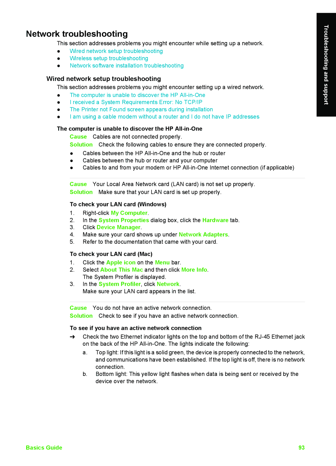 HP C6180, C6150 manual Network troubleshooting, Wired network setup troubleshooting 