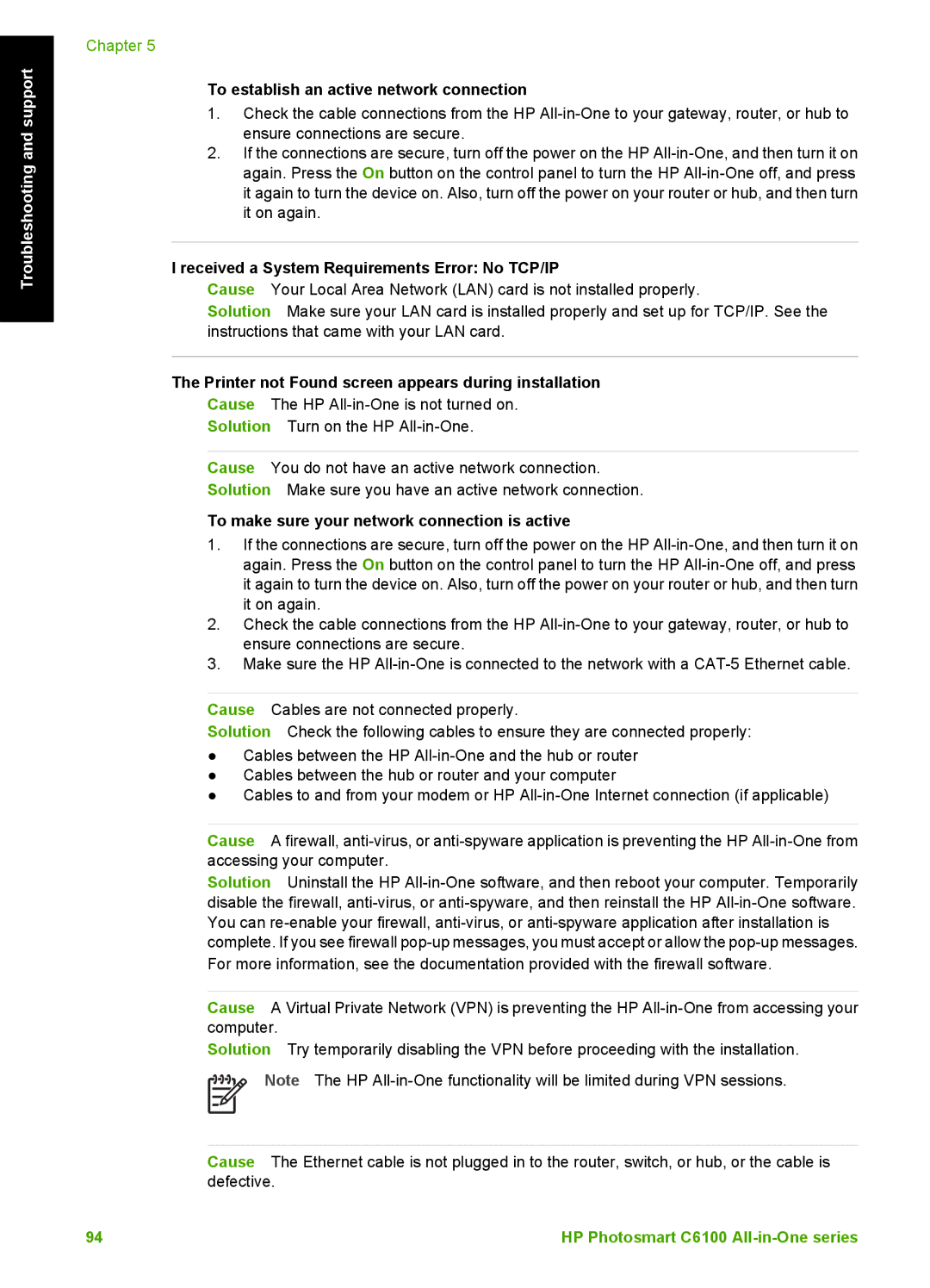 HP C6150, C6180 manual To establish an active network connection, Received a System Requirements Error No TCP/IP 