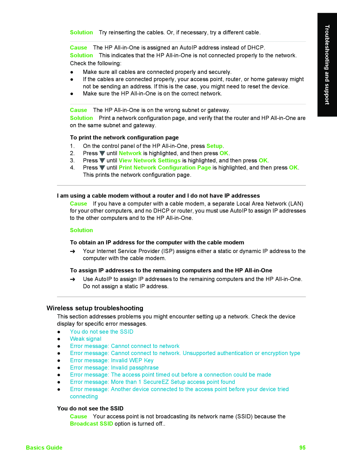 HP C6180, C6150 manual Wireless setup troubleshooting, To print the network configuration, You do not see the Ssid 