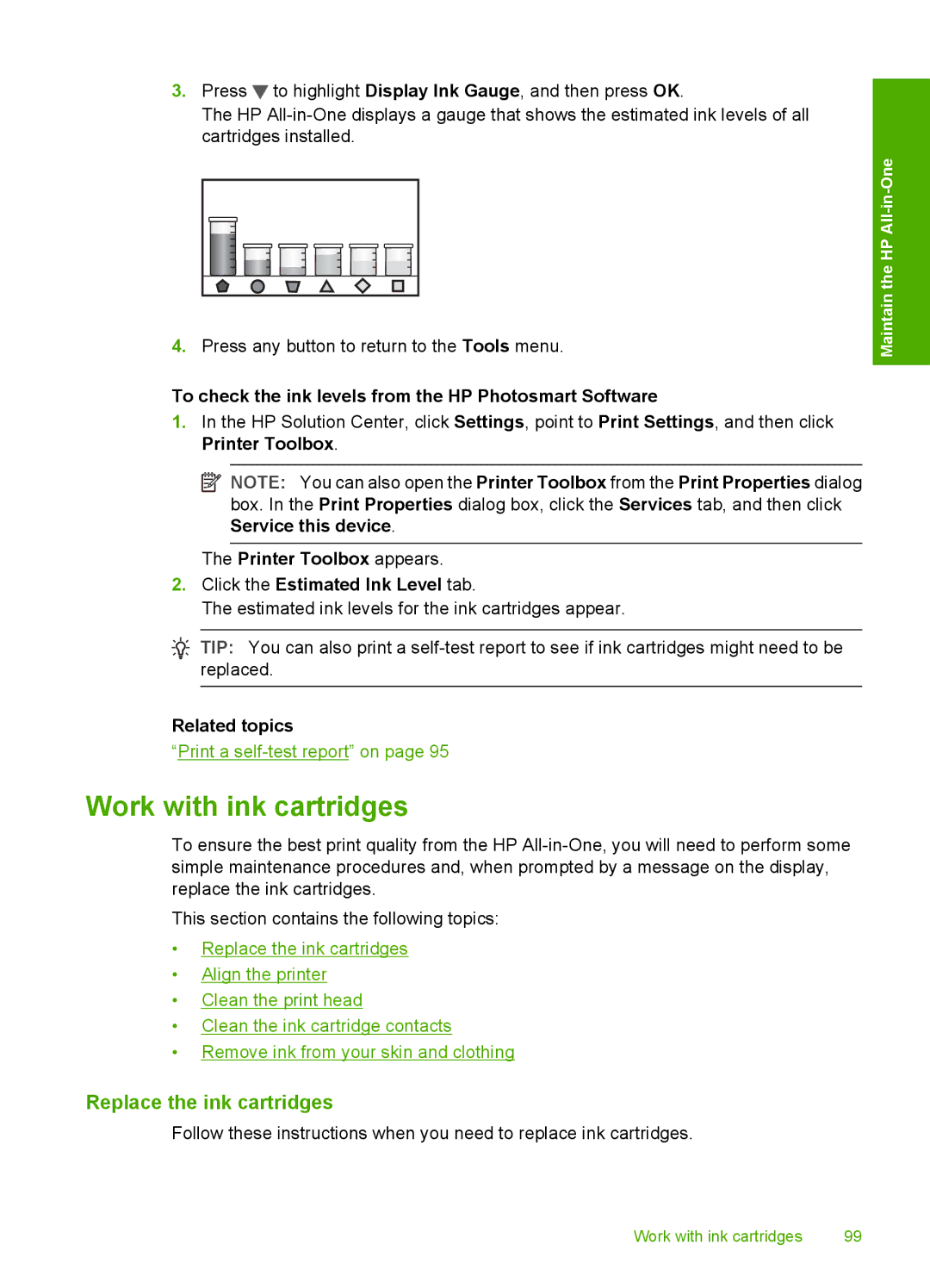 HP C6200 Work with ink cartridges, Replace the ink cartridges, To check the ink levels from the HP Photosmart Software 