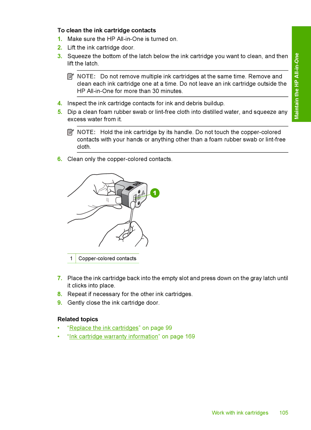 HP C6200 manual To clean the ink cartridge contacts 