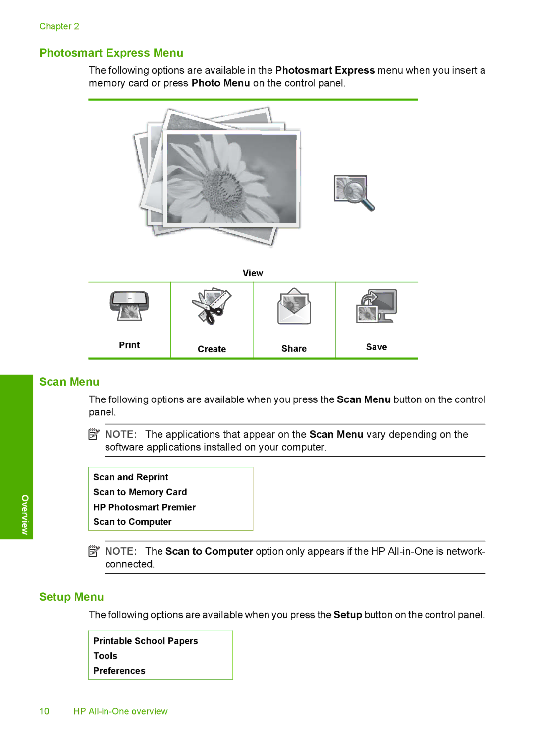 HP C6200 manual Photosmart Express Menu, Scan Menu, Setup Menu 