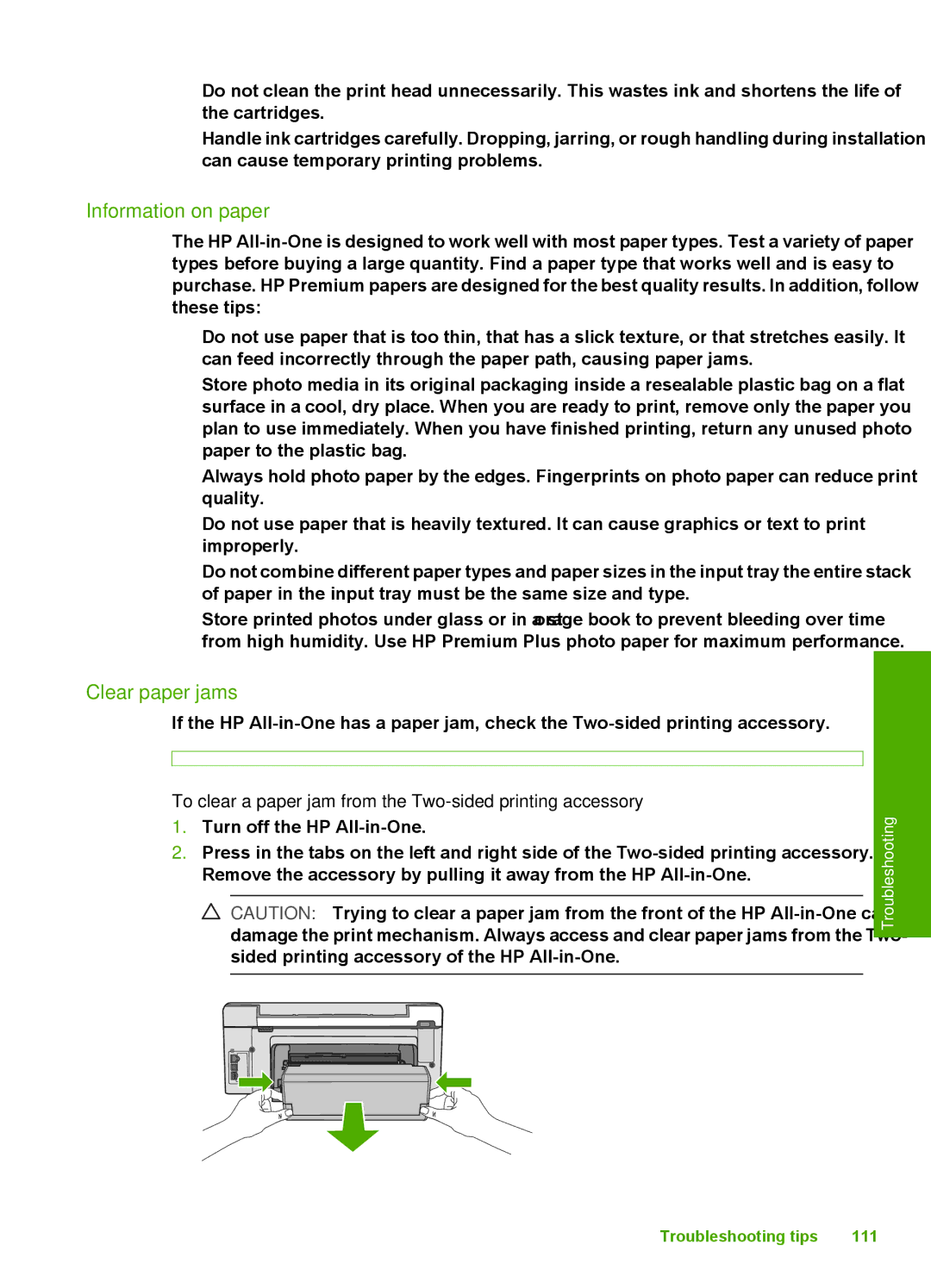 HP C6200 manual Information on paper, Clear paper jams, To clear a paper jam from the Two-sided printing accessory 