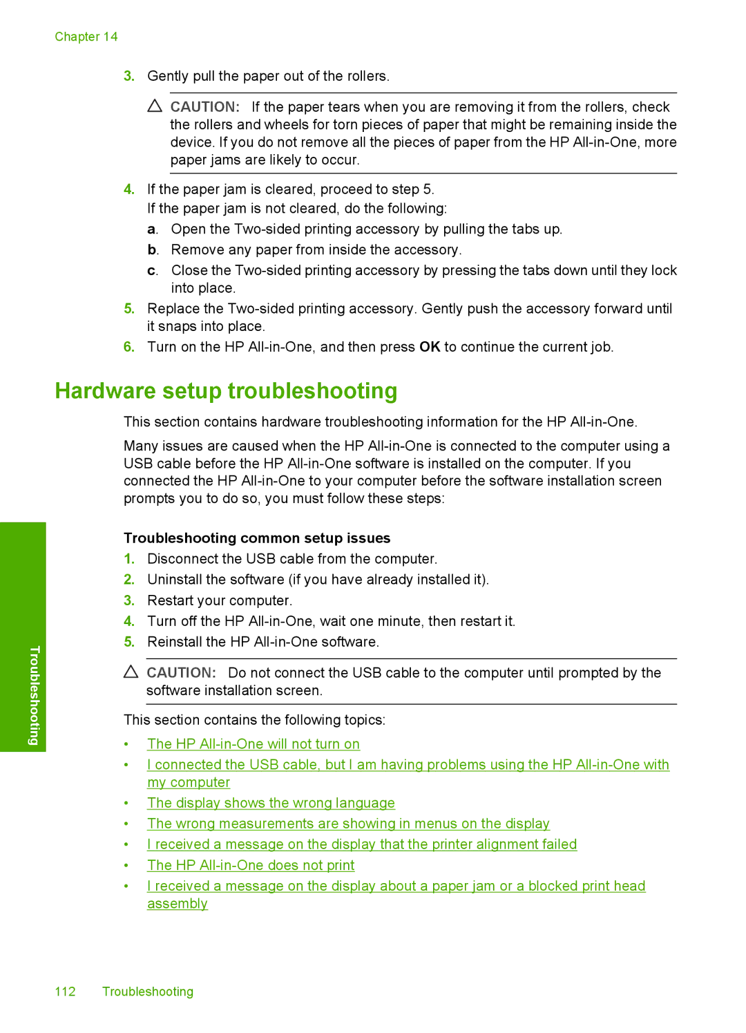 HP C6200 manual Hardware setup troubleshooting, Troubleshooting common setup issues 