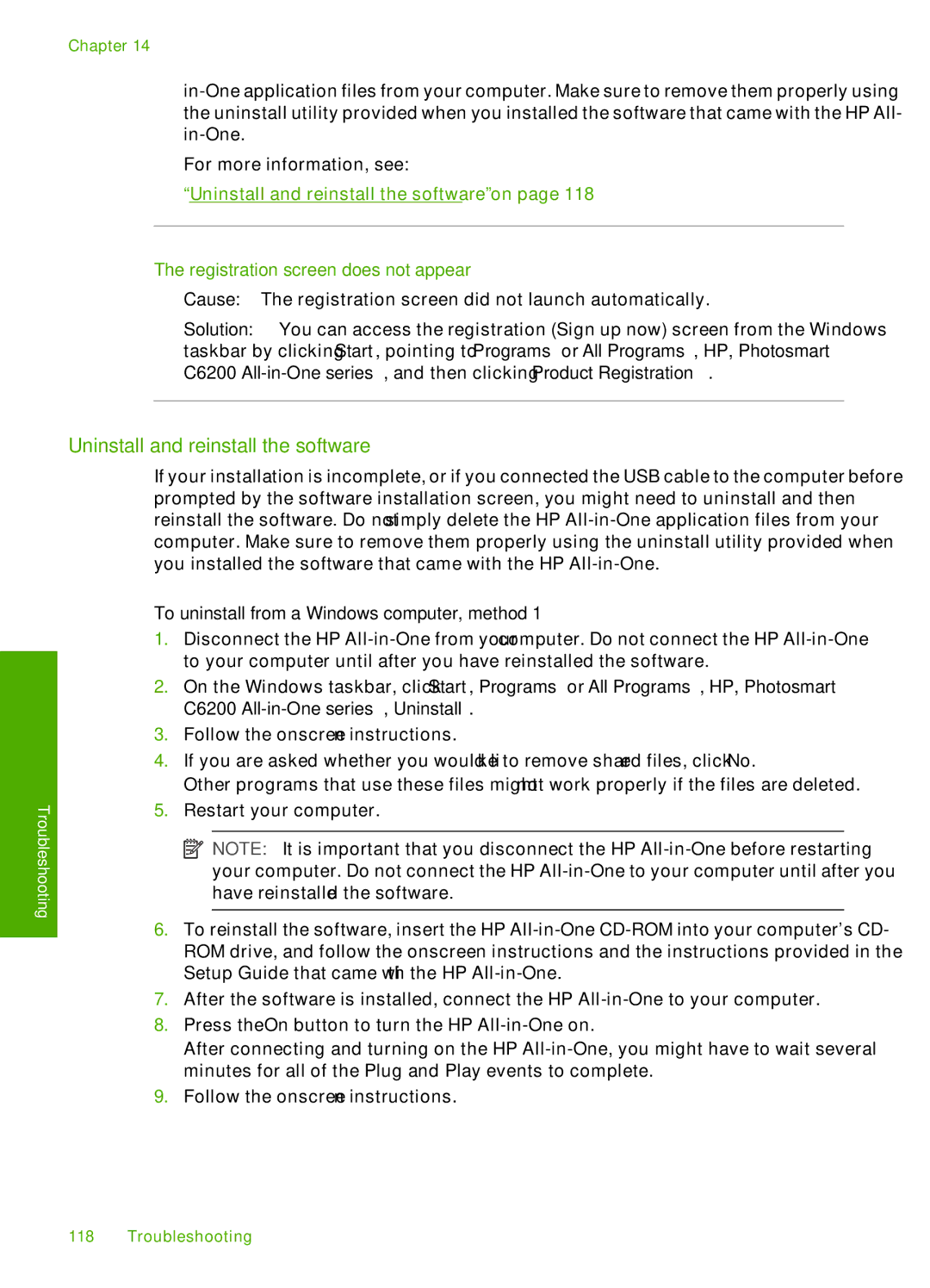 HP C6200 manual Uninstall and reinstall the software, Registration screen does not appear 