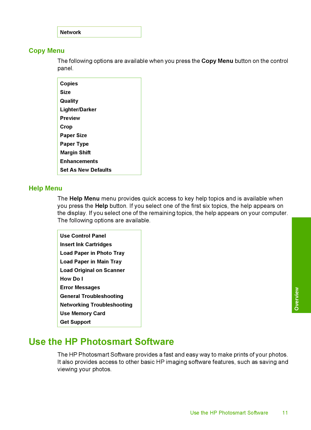 HP C6200 manual Use the HP Photosmart Software, Copy Menu, Help Menu 