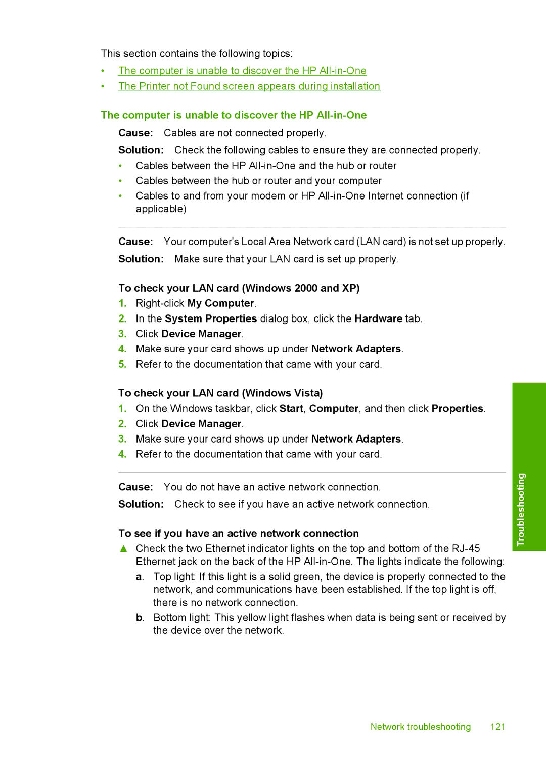 HP C6200 manual Computer is unable to discover the HP All-in-One, To check your LAN card Windows 2000 and XP 