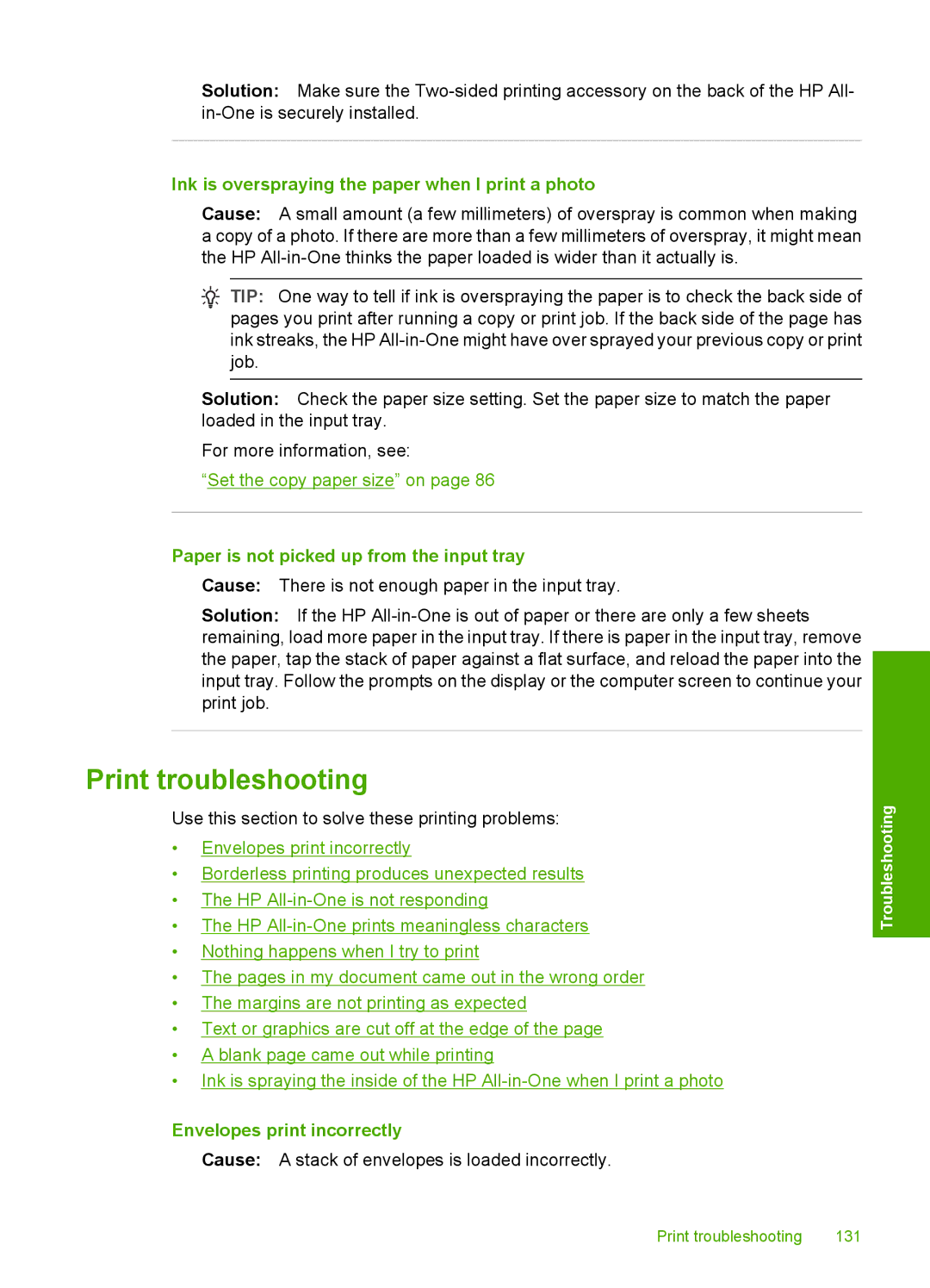 HP C6200 manual Print troubleshooting, Ink is overspraying the paper when I print a photo, Envelopes print incorrectly 