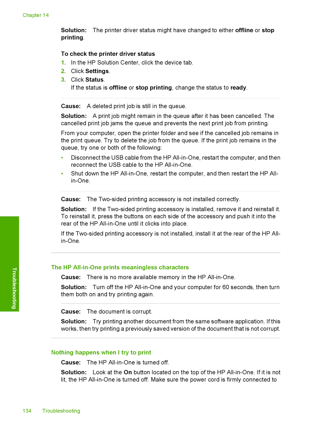 HP C6200 manual To check the printer driver status, Click Settings, HP All-in-One prints meaningless characters 