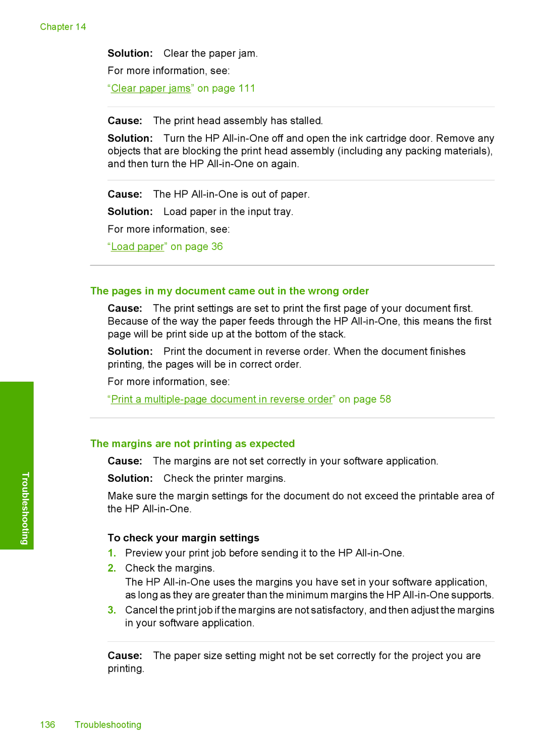 HP C6200 manual Pages in my document came out in the wrong order, Margins are not printing as expected 