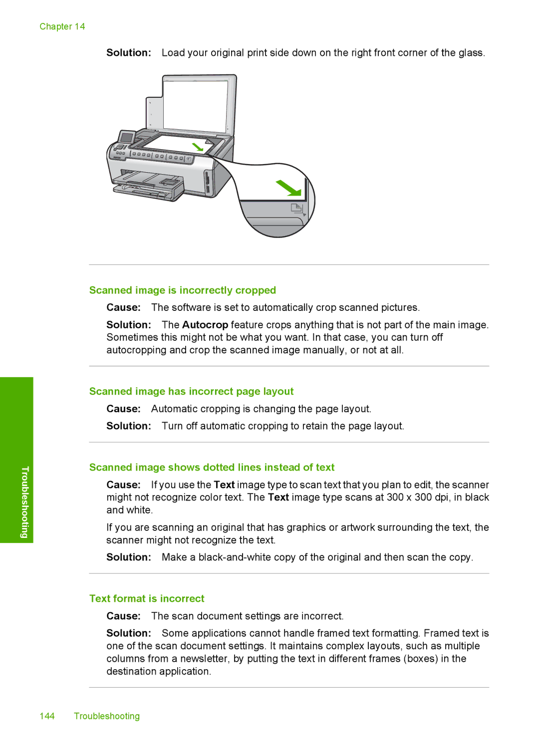 HP C6200 manual Scanned image is incorrectly cropped, Scanned image has incorrect page layout, Text format is incorrect 