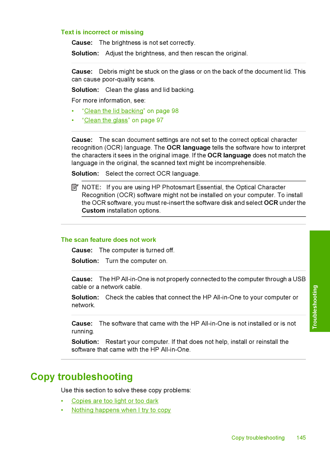 HP C6200 manual Copy troubleshooting, Text is incorrect or missing, Scan feature does not work 